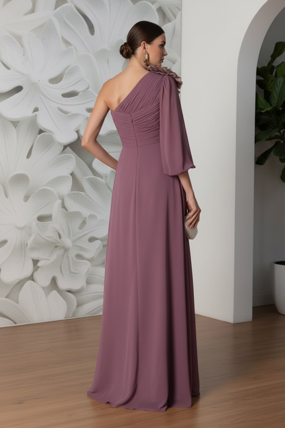 One Shoulder Pleated Floral A-Line Evening Dress