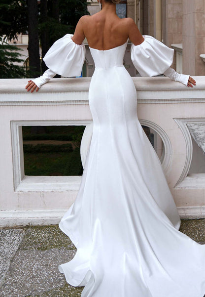 Off-Shoulder Puff Sleeves Pleated Sleek Mermaid Beach Wedding Dress