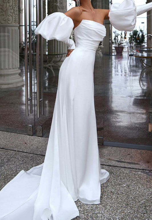 Off-Shoulder Puff Sleeves Pleated Sleek Mermaid Beach Wedding Dress