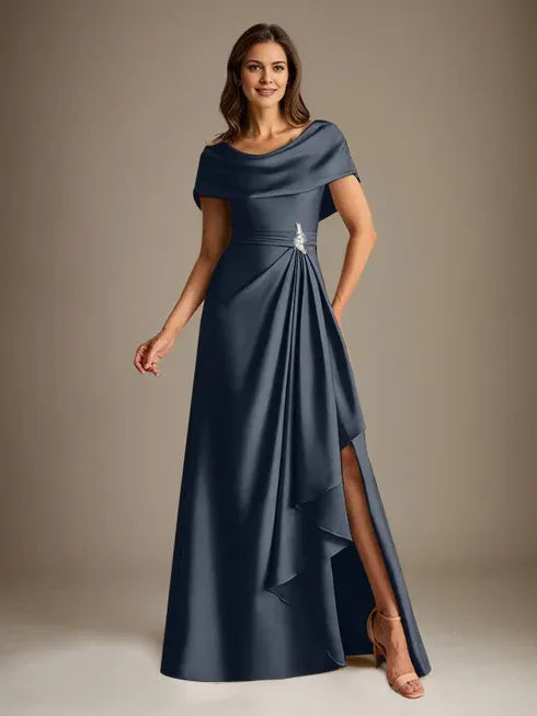 A-Line Scoop Floor-Length Stretch Satin Mother of the Bride Dress With Cascading Ruffles