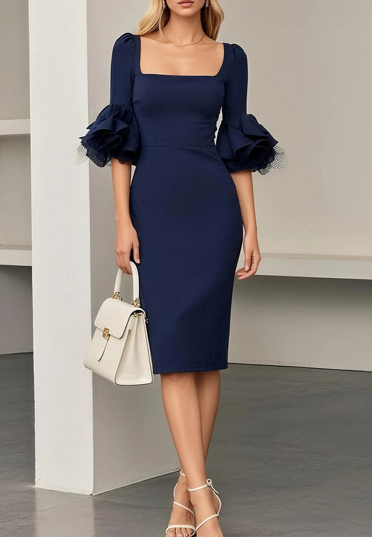 Navy Blue Mesh Classic Square Neck Half Sleeve Bell Sleeve Sheath Midi Dress