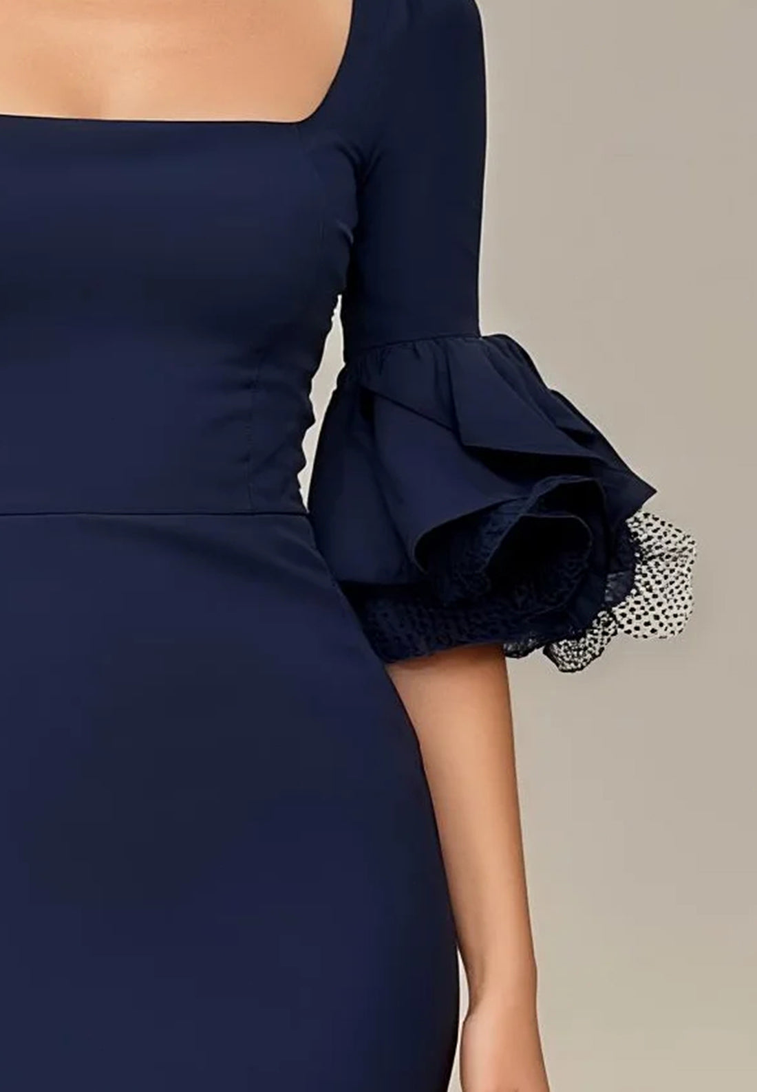 Navy Blue Mesh Classic Square Neck Half Sleeve Bell Sleeve Sheath Midi Dress