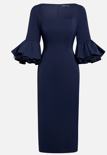 Navy Blue Mesh Classic Square Neck Half Sleeve Bell Sleeve Sheath Midi Dress