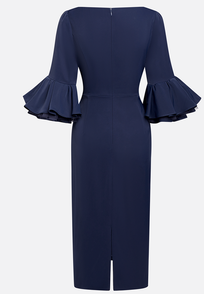 Navy Blue Mesh Classic Square Neck Half Sleeve Bell Sleeve Sheath Midi Dress