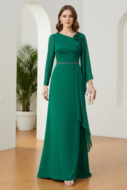 Asymmetrical Long Sleeves Dress with Pleated Bodice
