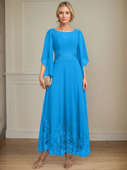 A-line Scoop Illusion Ankle-Length Lace Chiffon Mother of the Bride Dress With Sequins