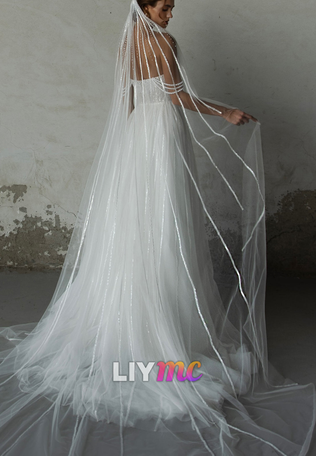 Off-Shoulder Tulle Pearl Sequins A-Line Wedding Dress