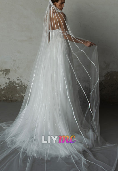 Off-Shoulder Tulle Pearl Sequins A-Line Wedding Dress
