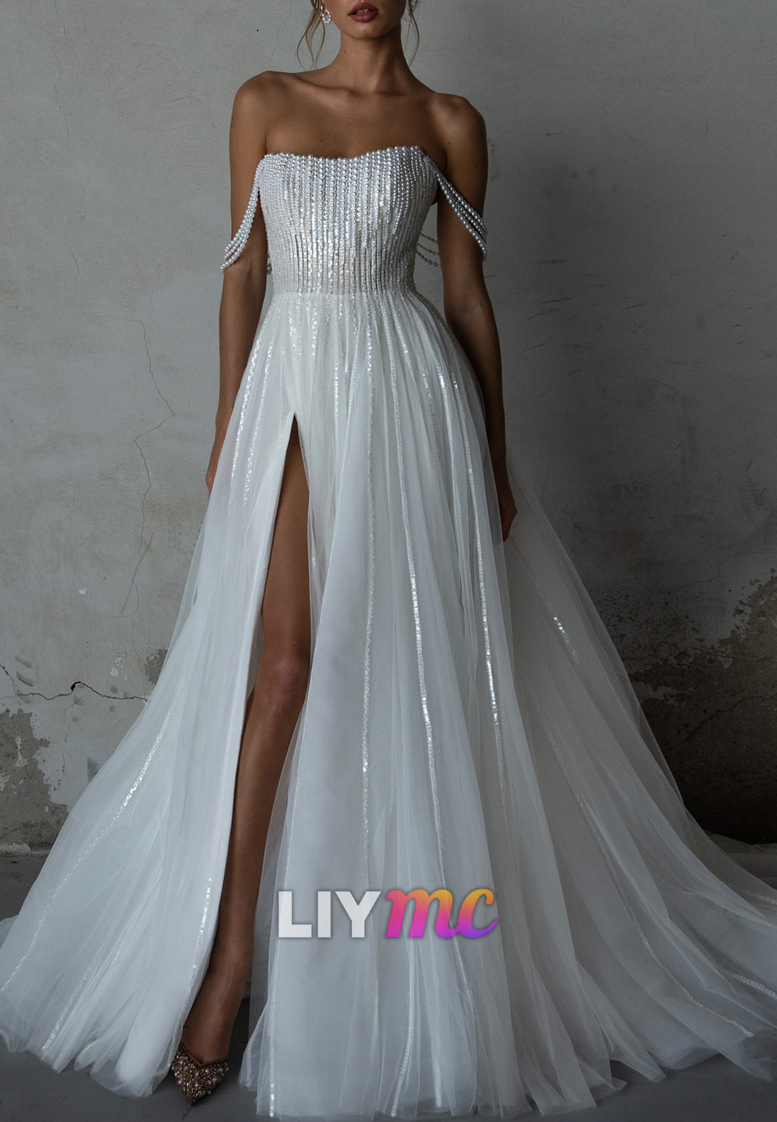 Off-Shoulder Tulle Pearl Sequins A-Line Wedding Dress