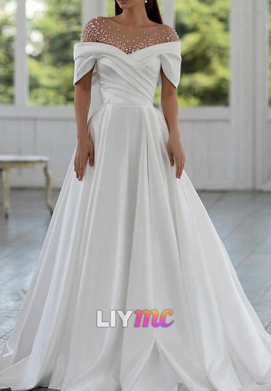 Off-Shoulder Beaded Pleated A-Line Wedding Dress