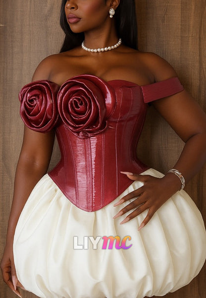 Off-Shoulder 3D Flotal Pleated A-Line Party Homecoming Dress