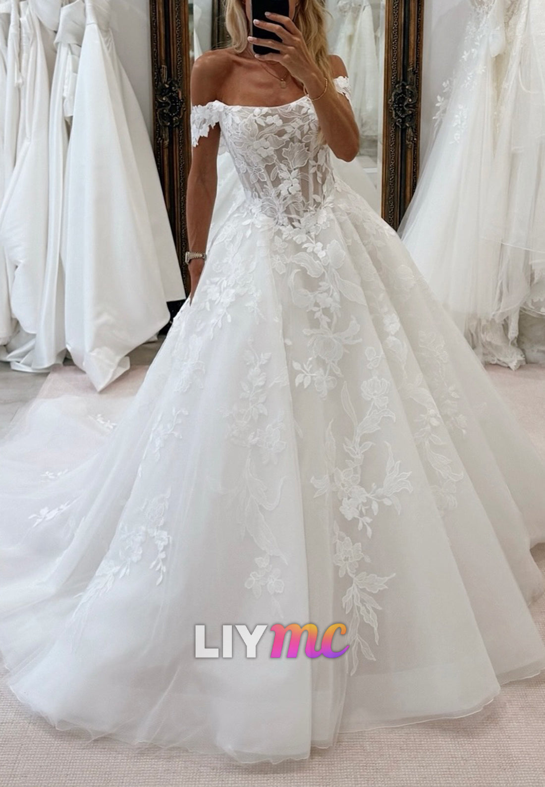 Off-Shoulder Appliques Ball Gown Wedding Dress