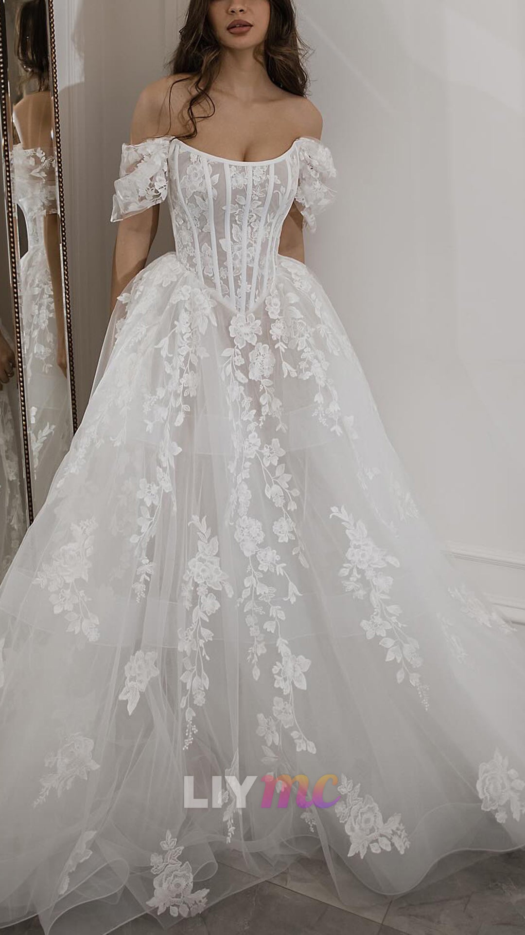 Off-Shoulder Appliques Cap Sleeves A-Line Wedding Dress