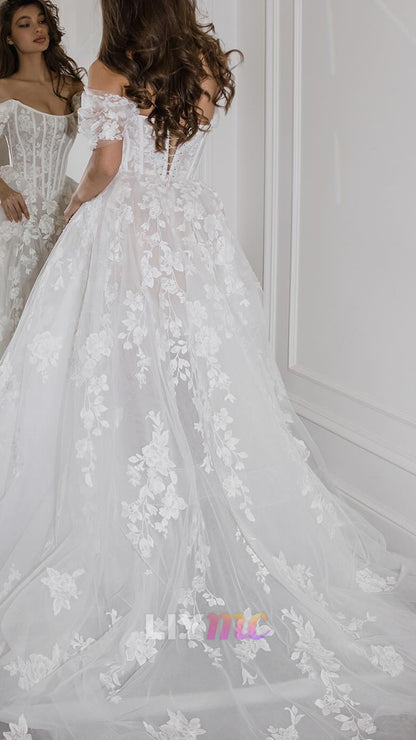 Off-Shoulder Appliques Cap Sleeves A-Line Wedding Dress