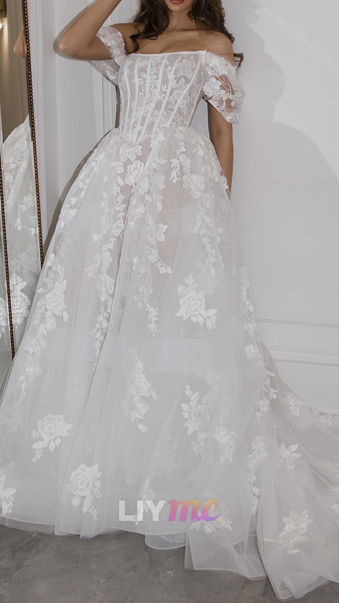 Off-Shoulder Appliques Cap Sleeves A-Line Wedding Dress