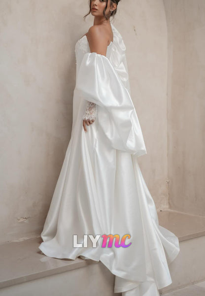 Off-Shoulder Appliques Corset Satin A-Line Wedding Dress