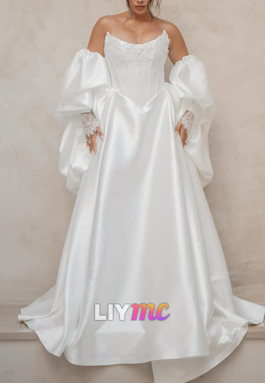 Off-Shoulder Appliques Corset Satin A-Line Wedding Dress