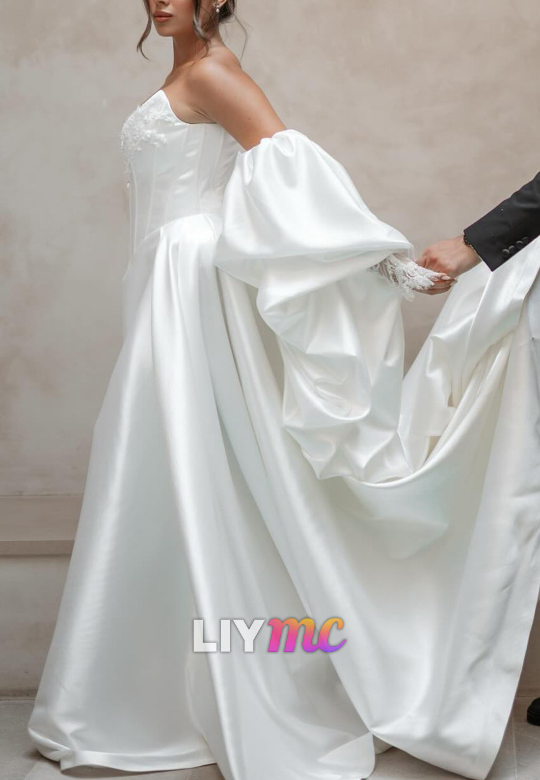 Off-Shoulder Appliques Corset Satin A-Line Wedding Dress