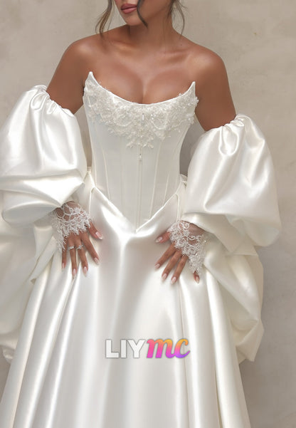 Off-Shoulder Appliques Corset Satin A-Line Wedding Dress