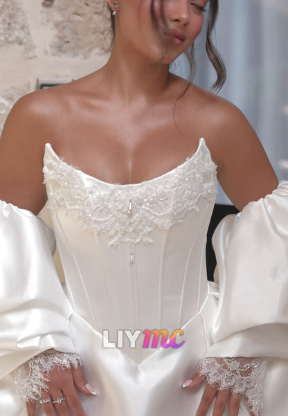 Off-Shoulder Appliques Corset Satin A-Line Wedding Dress