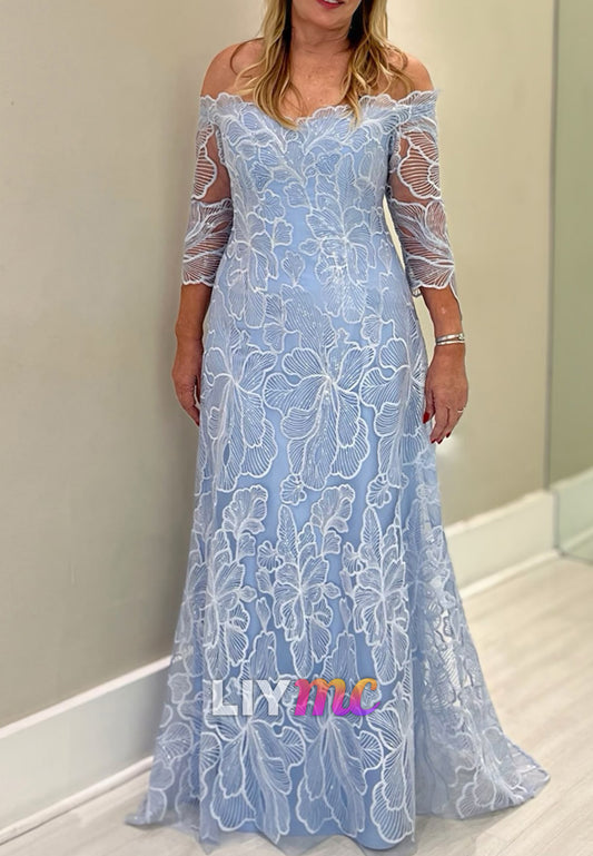 Off-Shoulder Appliques Long Sleeves A-Line Mother of Bride Dress