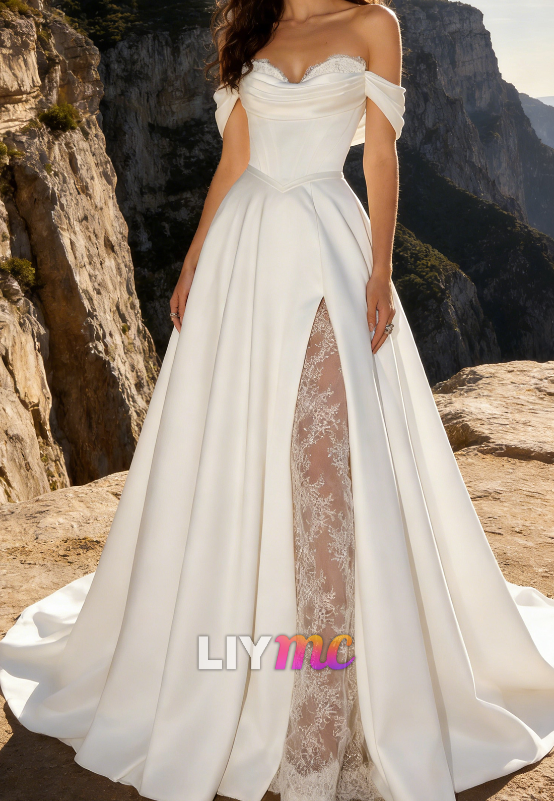 Off-Shoulder Appliques Satin A-Line Wedding Dress