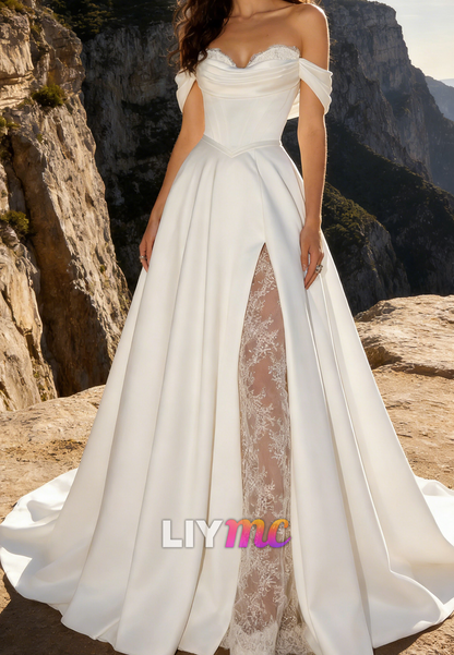 Off-Shoulder Appliques Satin A-Line Wedding Dress