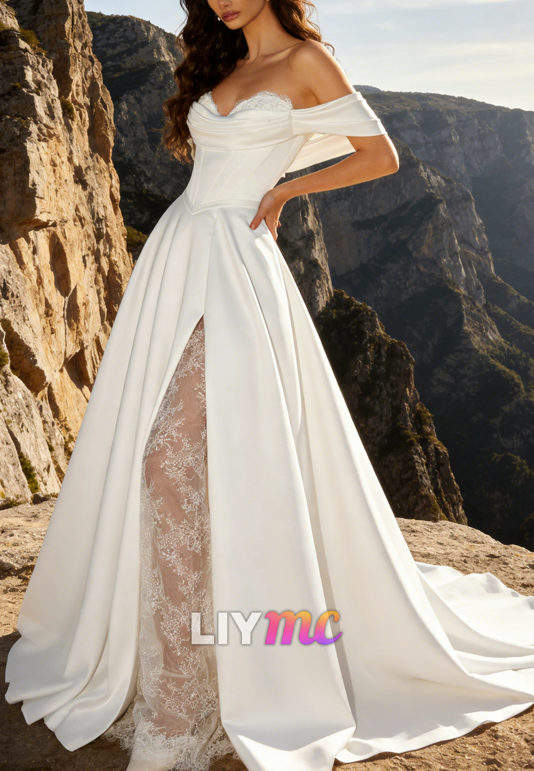 Off-Shoulder Appliques Satin A-Line Wedding Dress