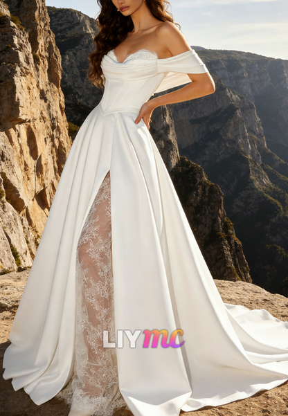 Off-Shoulder Appliques Satin A-Line Wedding Dress