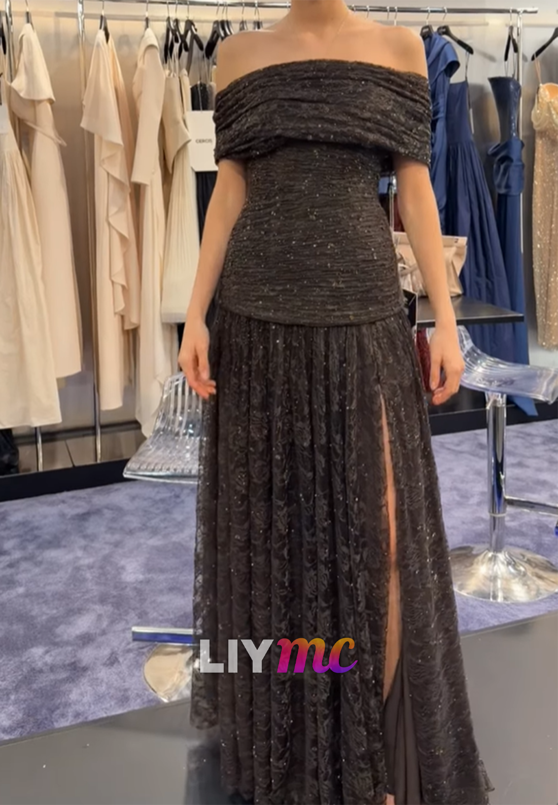 Off-Shoulder Appliques Sequins Sparkly A-Line Prom Dress