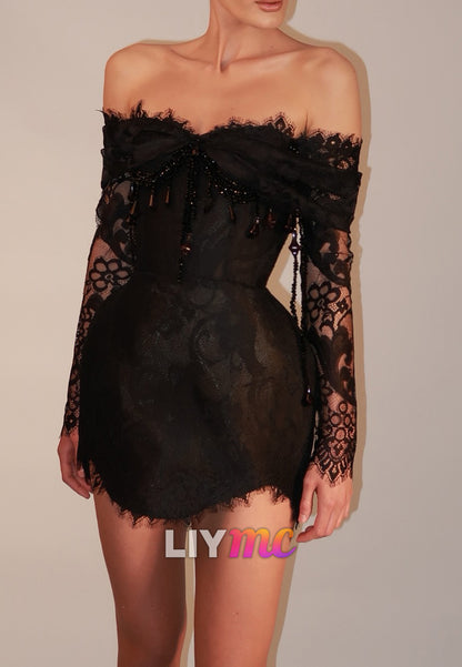 Off-Shoulder Appliques Sheath Long Sleeves Party Homecoming Dress