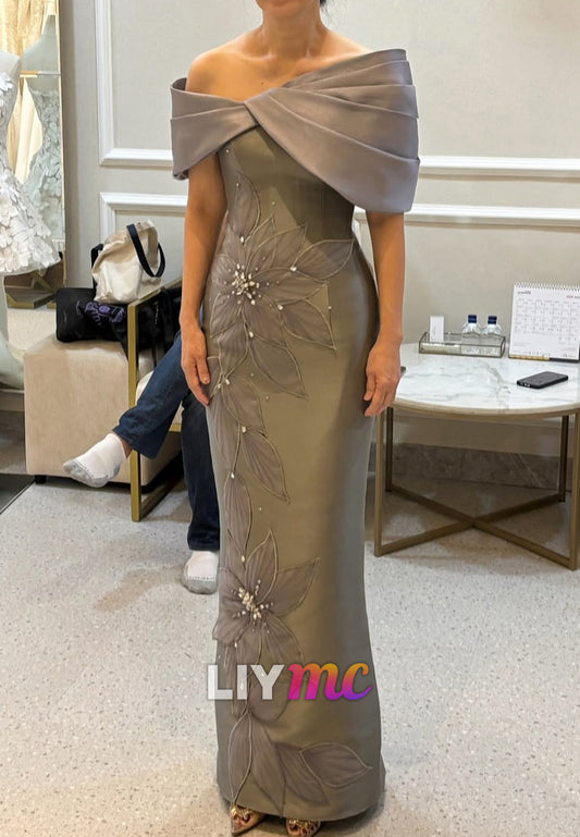 Off-Shoulder Appliques Sleeveless Sheath Satin Mother of Bride Dress