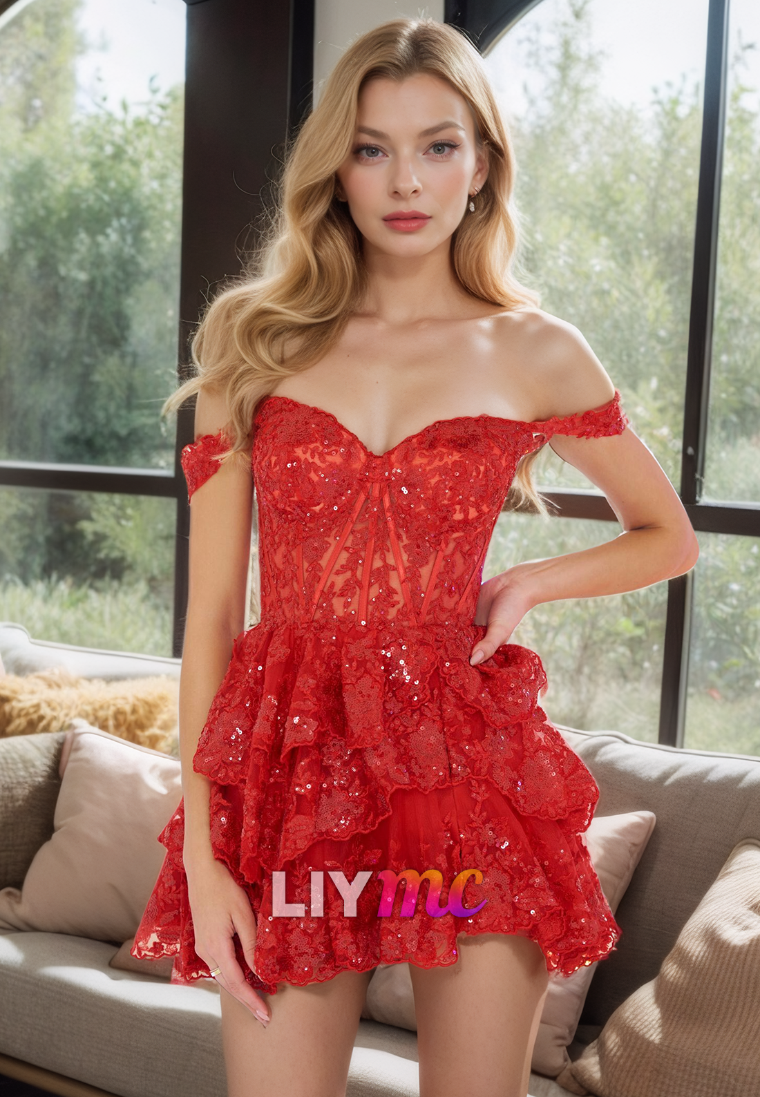 Off-Shoulder Appliques Tiered A-Line Short Homecoming Dress