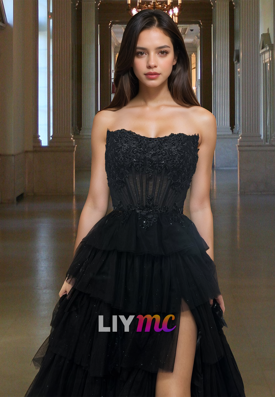 Off-Shoulder Appliques Tiered Tulle Ball Gown A-Line Prom Dress