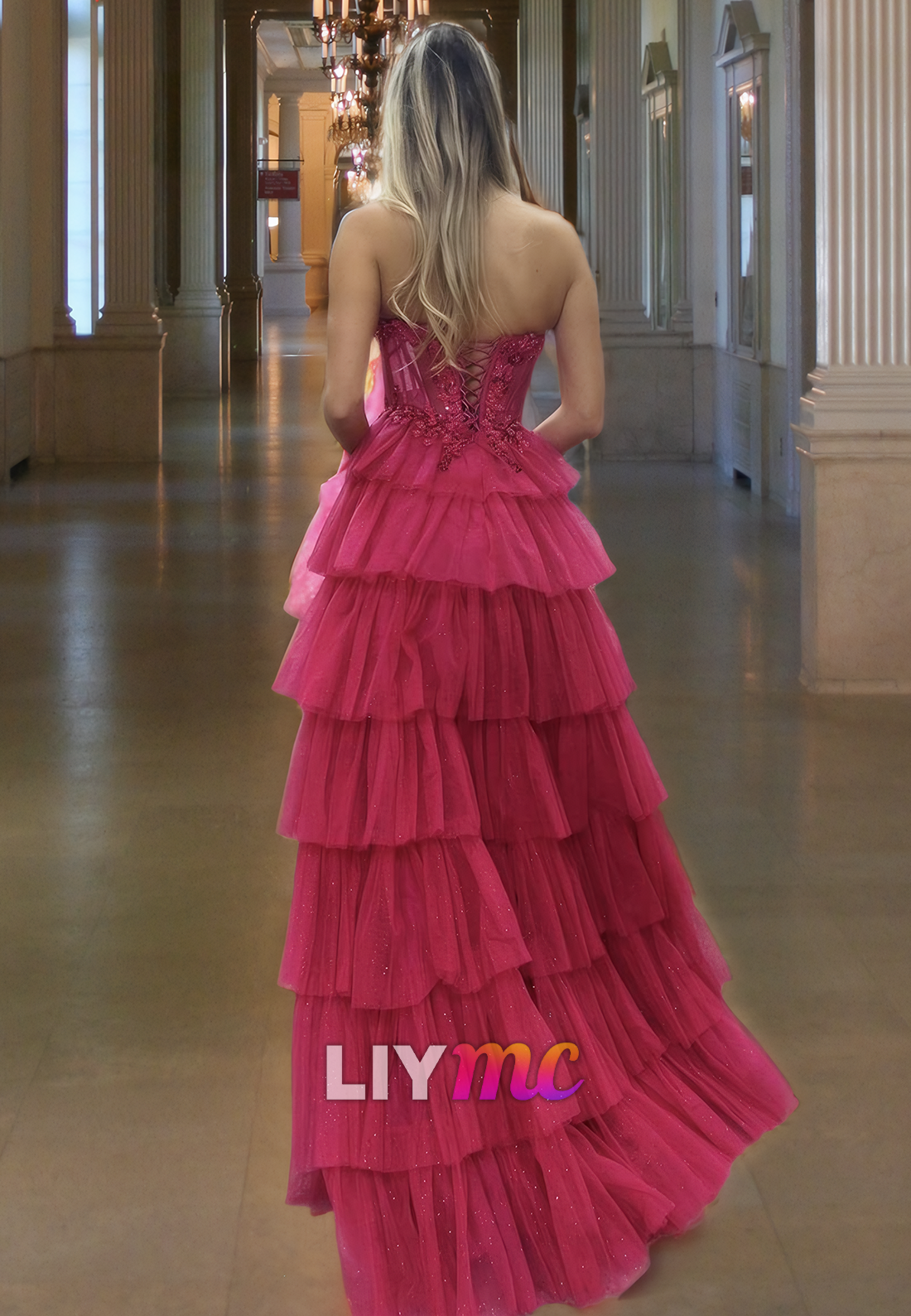 Off-Shoulder Appliques Tiered Tulle Ball Gown A-Line Prom Dress