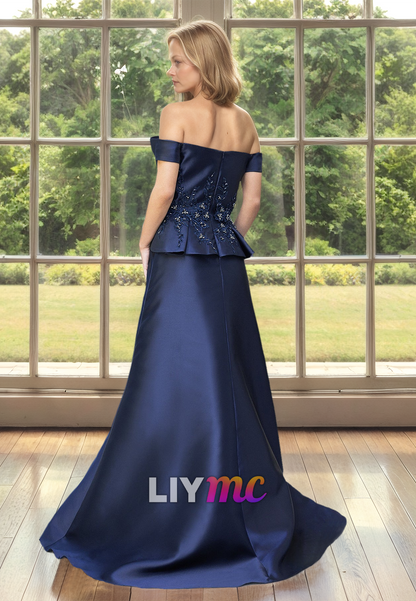 Off-Shoulder Atrapless Ruffled Sleek Satin A-Line Mother of Bride Dress