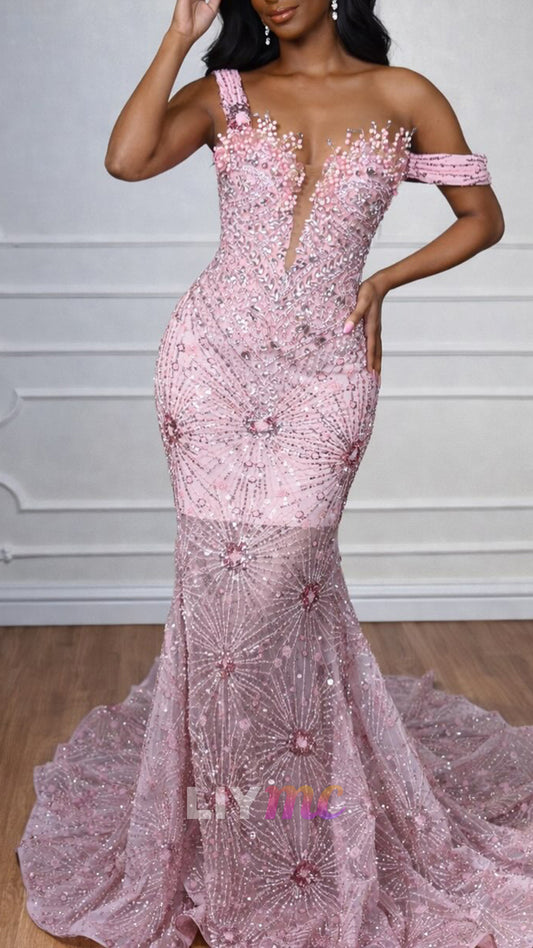Off-Shoulder Beaded Embroidery Mermaid Prom Dress