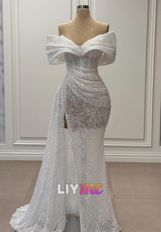 Off-Shoulder Beaded Embroidery Pleated Sheath Wedding Dress