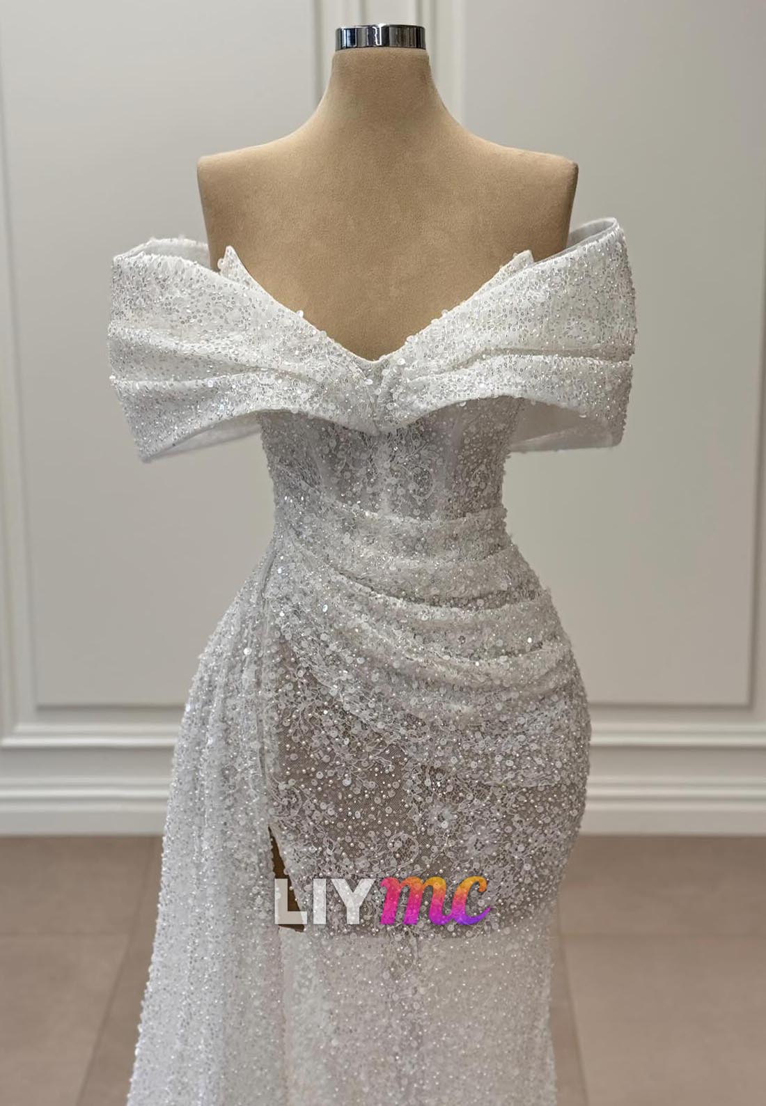 Off-Shoulder Beaded Embroidery Pleated Sheath Wedding Dress