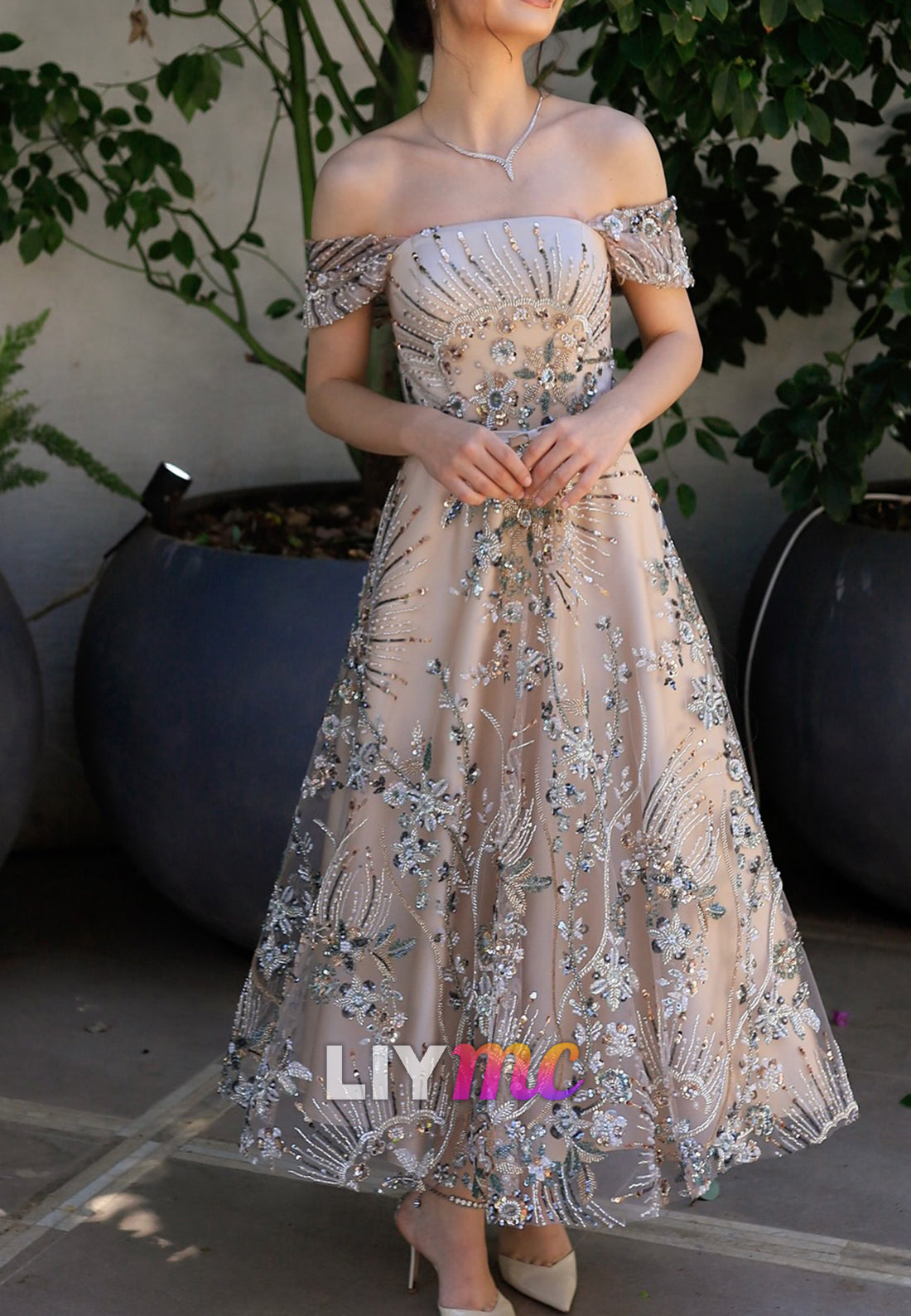 Off-Shoulder Beaded Embroidery Sparkly A-Line Evening Dress