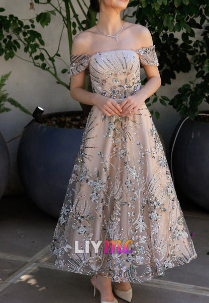Off-Shoulder Beaded Embroidery Sparkly A-Line Evening Dress