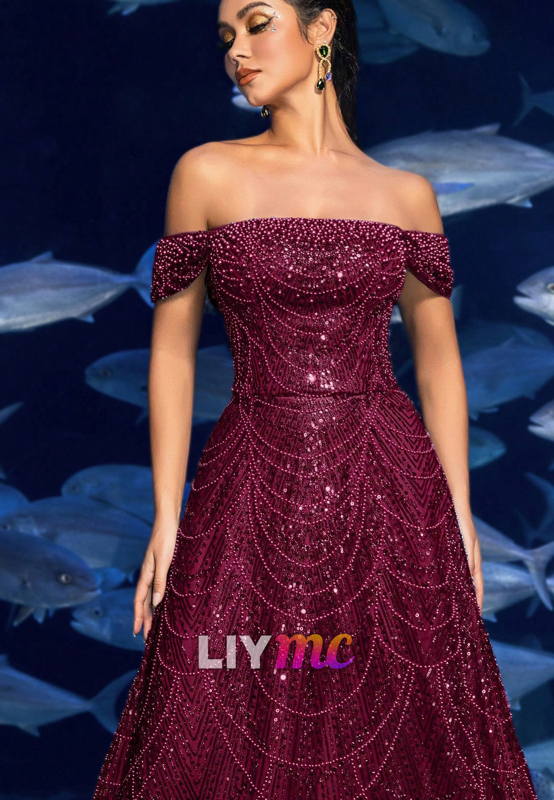 Off-Shoulder Beaded Embroidery Sparkly A-Line Prom Dress