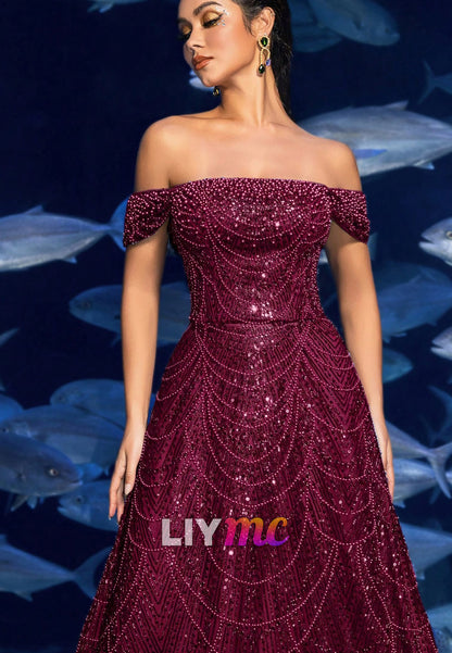 Off-Shoulder Beaded Embroidery Sparkly A-Line Prom Dress