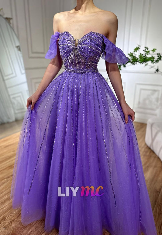 Off-Shoulder Beaded Embroidery Sparkly A-Line Prom Dress