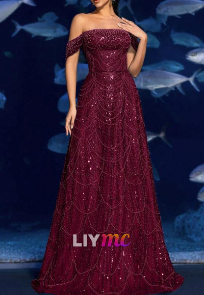 Off-Shoulder Beaded Embroidery Sparkly A-Line Prom Dress