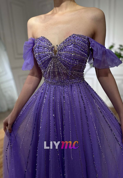 Off-Shoulder Beaded Embroidery Sparkly A-Line Prom Dress