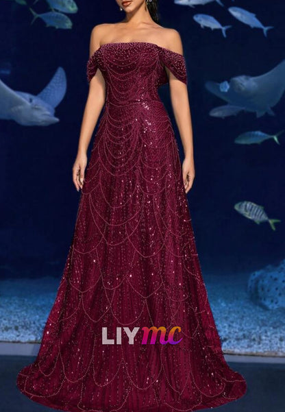 Off-Shoulder Beaded Embroidery Sparkly A-Line Prom Dress