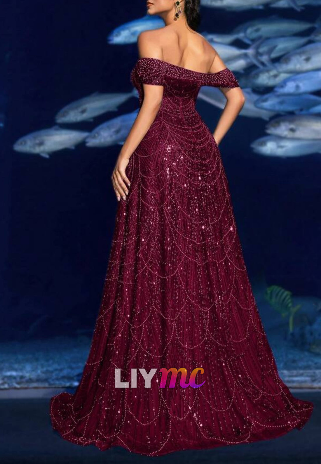 Off-Shoulder Beaded Embroidery Sparkly A-Line Prom Dress