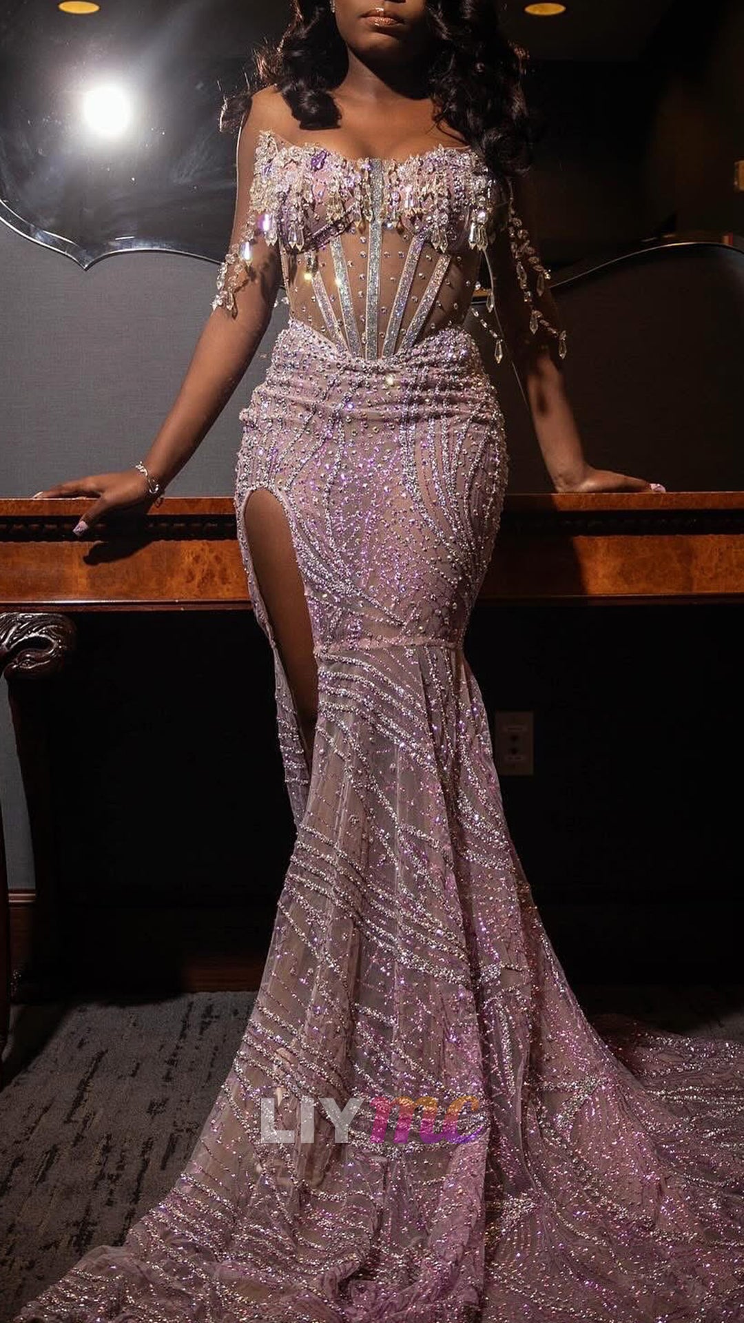 Off-Shoulder Beaded Embroidery Sparkly Mermaid Prom Dress