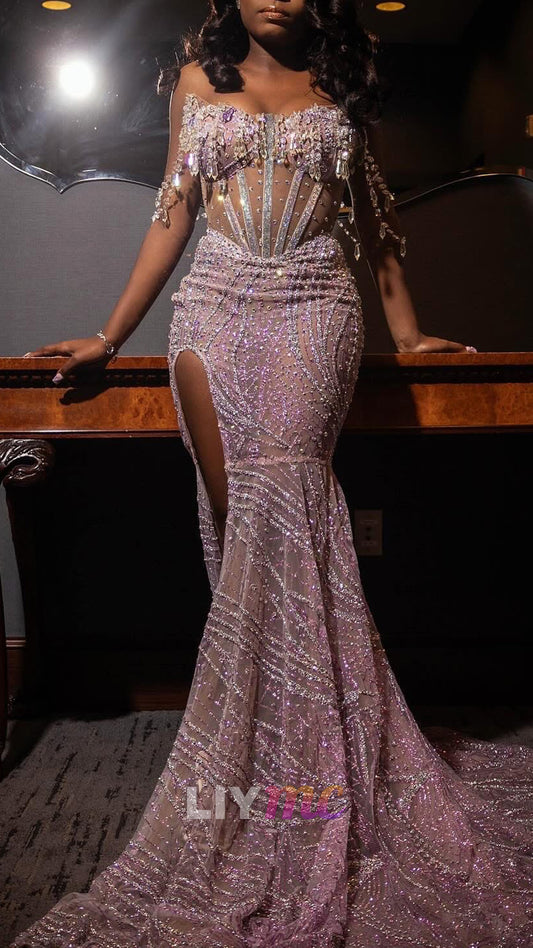 Off-Shoulder Beaded Embroidery Sparkly Mermaid Prom Dress